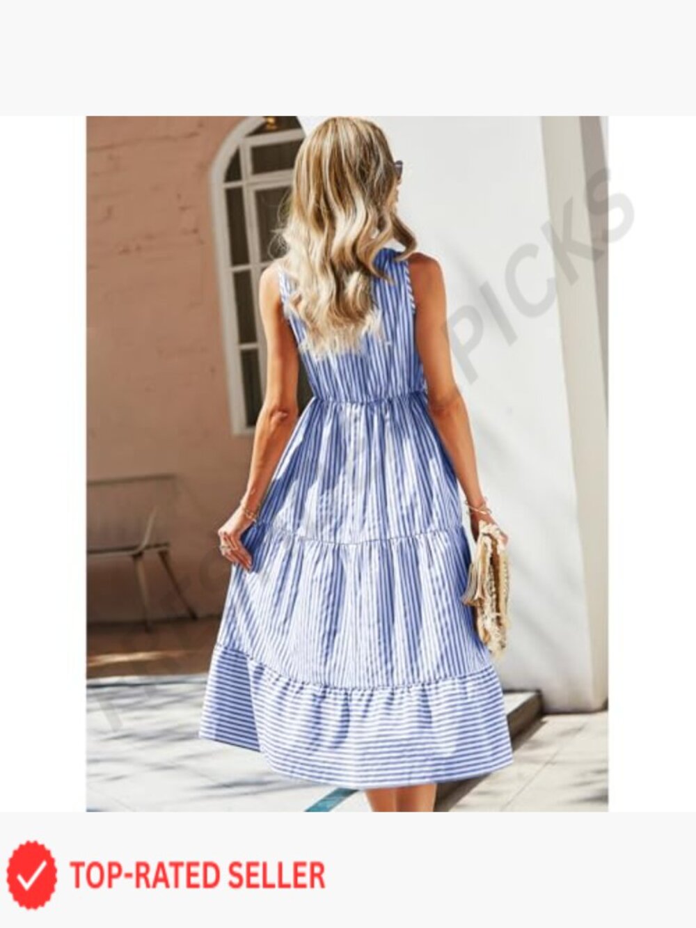Striped V-Neck Sleeveless Midi Dress A-Line High Waist Summer Wedding Guest - Picture 4 of 7